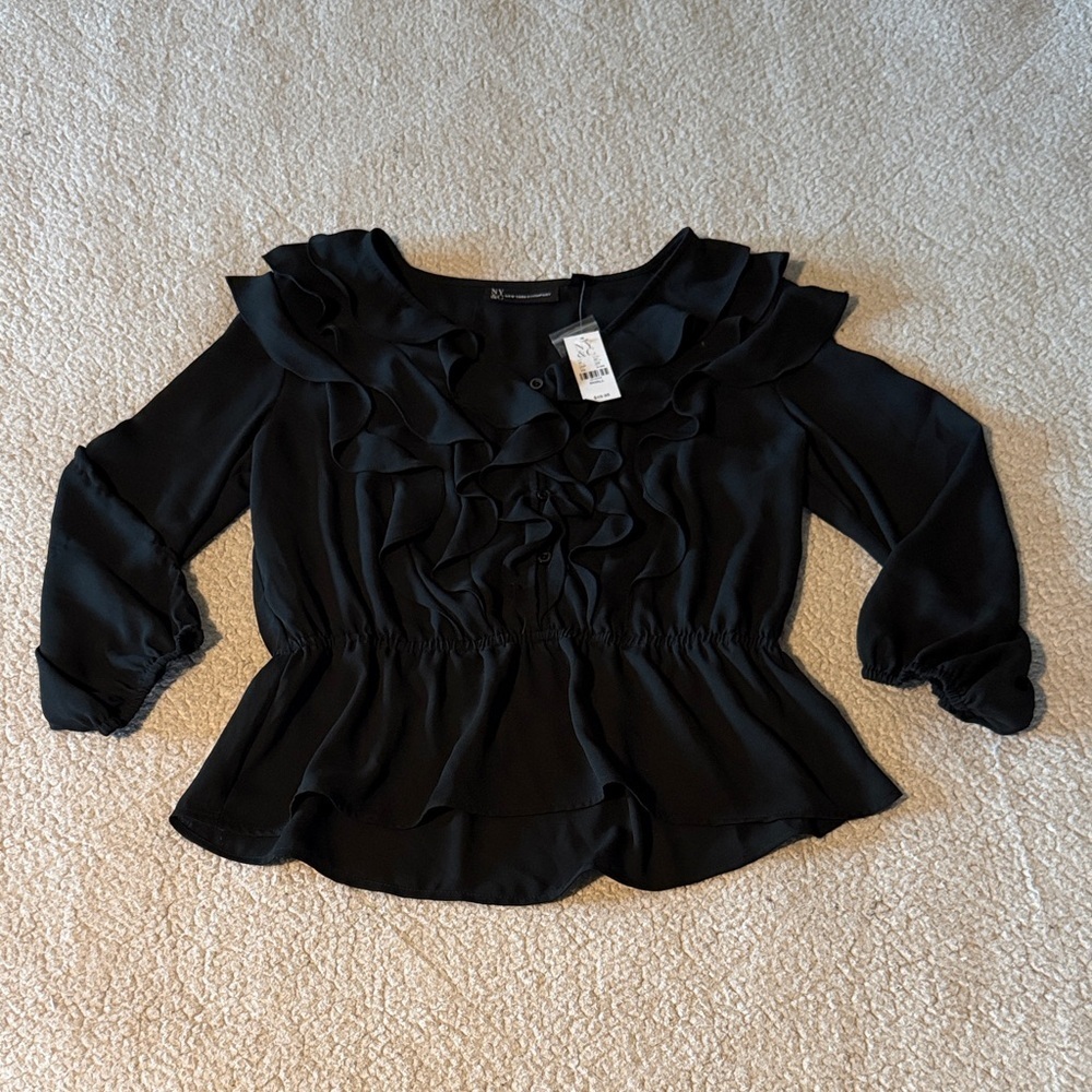 New York & Company Black Ruffled Blouse Small New